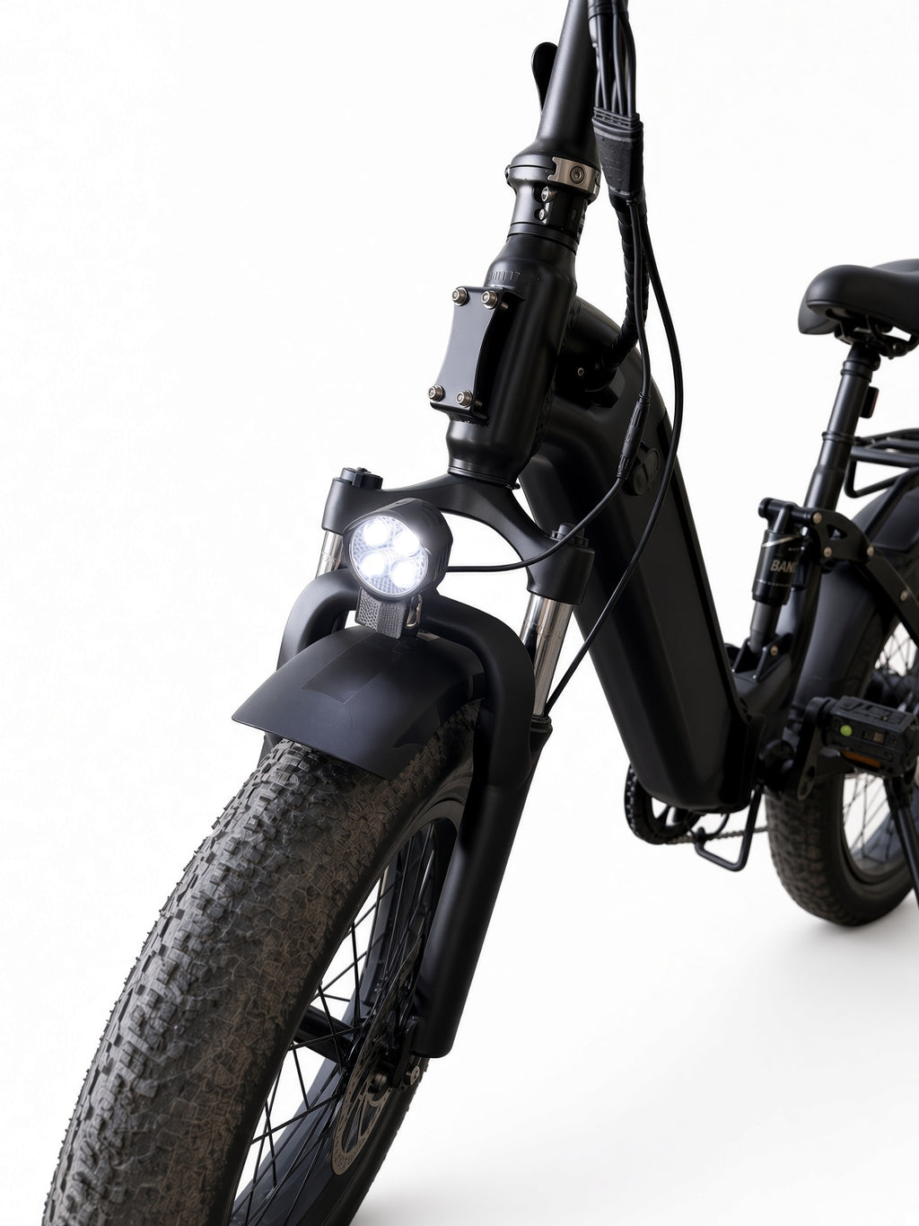 Folding fat tire electric bike, front light detail