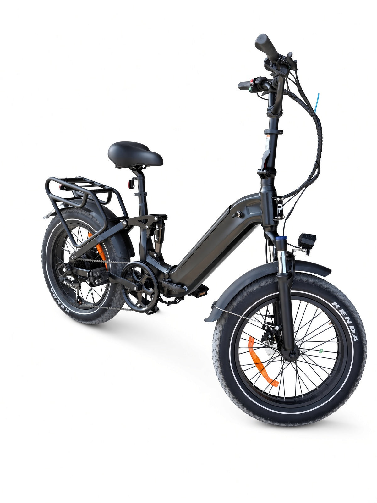 Folding fat tire electric bike, front three-quarter angle