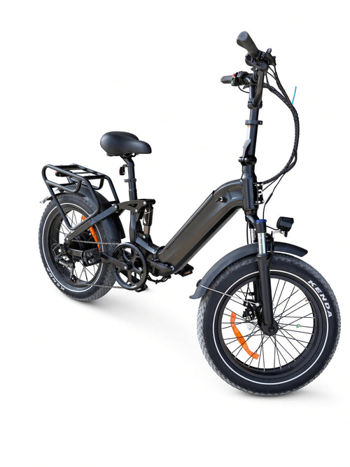 Folding fat tire electric bike, front three-quarter angle