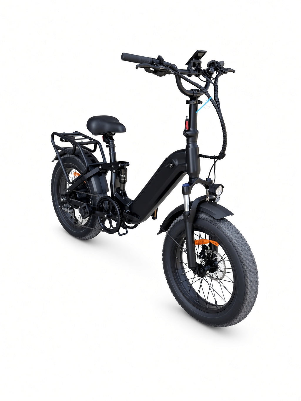 Folding fat tire electric bike, front view
