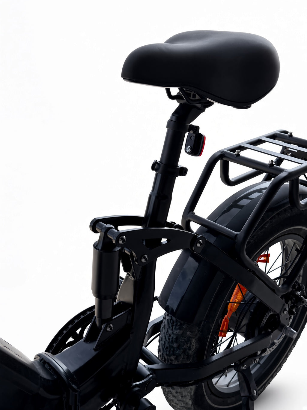 Folding fat tire electric bike, seat and rear rack detail