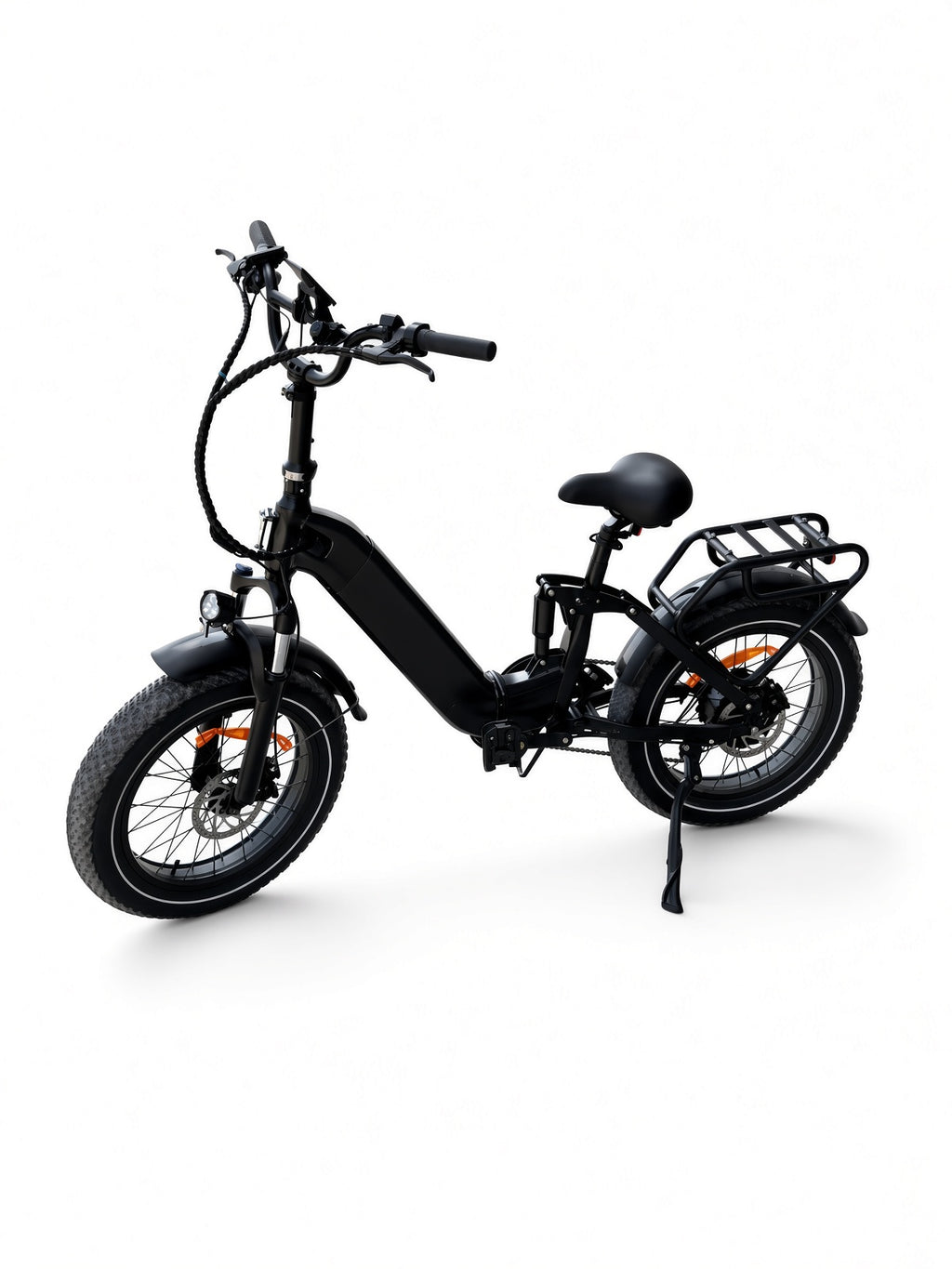 Folding fat tire electric bike, front angle on kickstand
