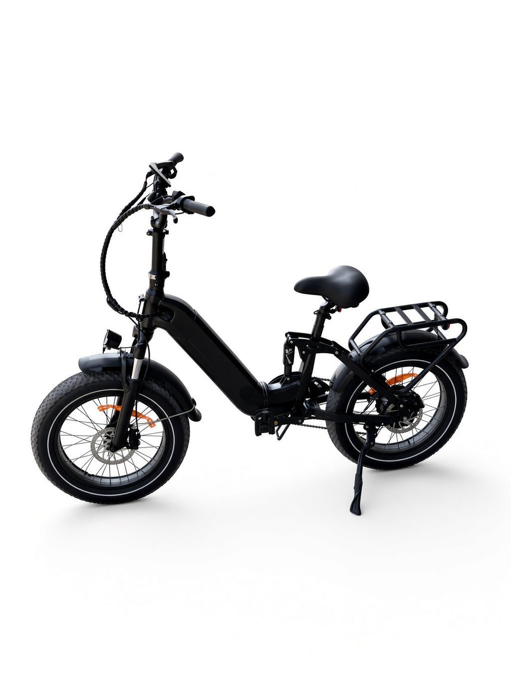 Folding fat tire electric bike, rear three-quarter angle on kickstand