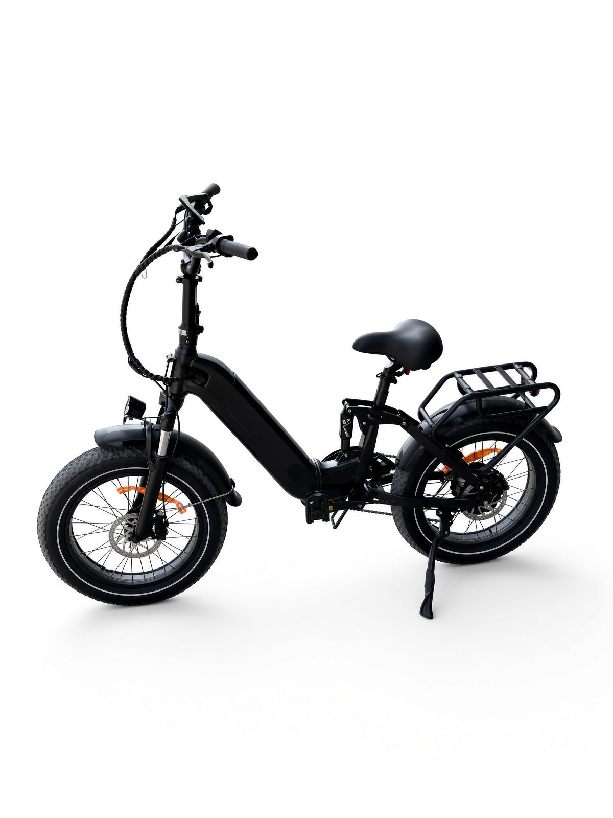 Folding fat tire electric bike, rear three-quarter angle on kickstand