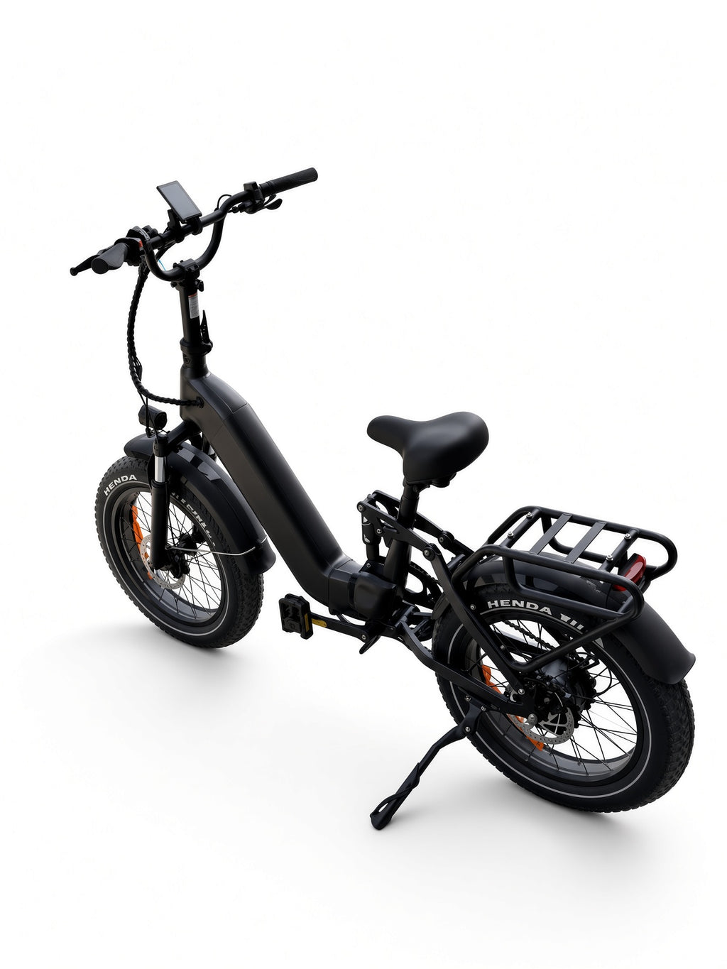 Folding fat tire electric bike, rear three-quarter angle