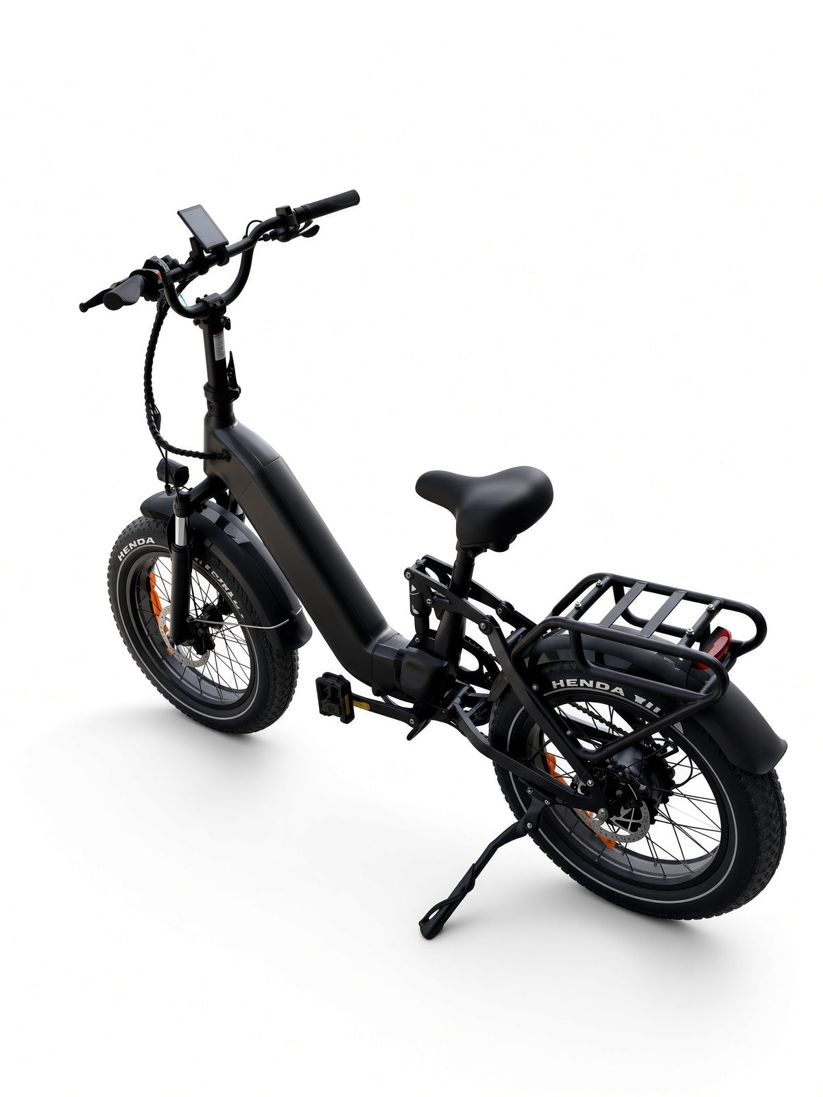 Folding fat tire electric bike, rear three-quarter angle