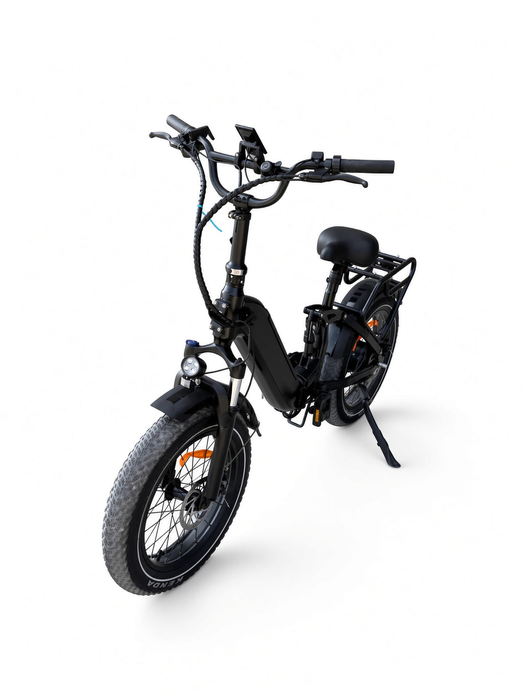 Folding fat tire electric bike, rear three-quarter low angle