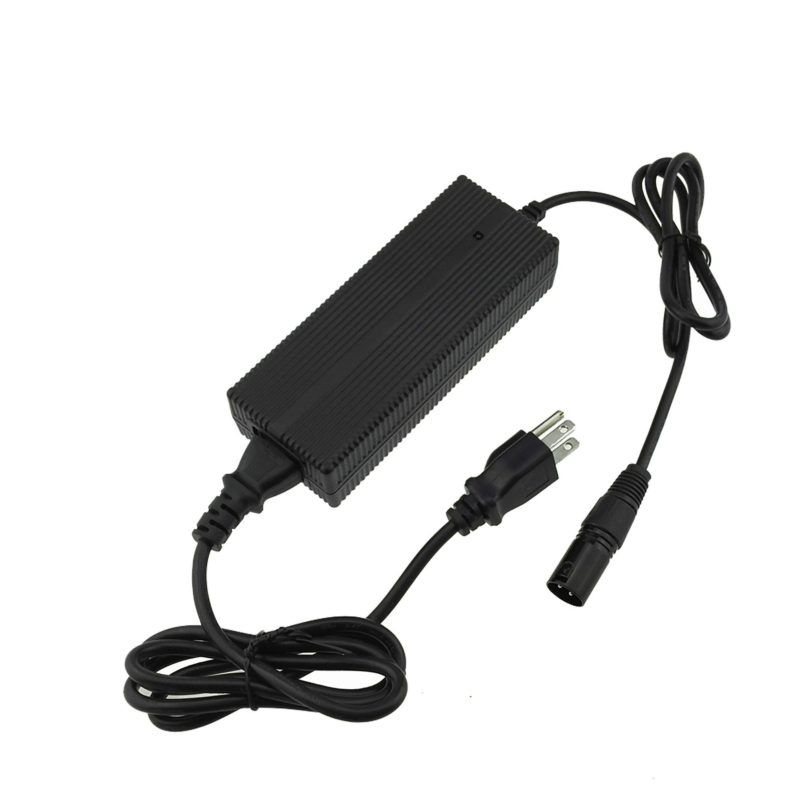 Wall charger for the Blackrock X1 48V battery: a black ribbed charger brick with a North American three-prong wall plug and a three-pin output connector