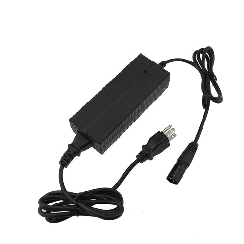 Wall charger for the Blackrock X1 48V battery: a black ribbed charger brick with a North American three-prong wall plug and a three-pin output connector