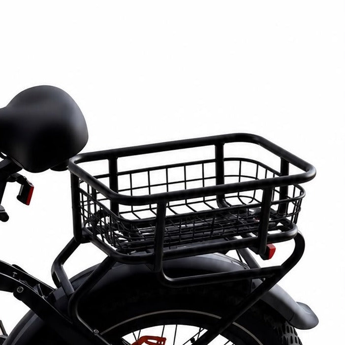 The black wire mesh cargo basket of the Blackrock X1 rear rack, mounted over the rear fender behind the saddle
