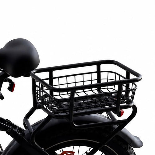 The black wire mesh cargo basket of the Blackrock X1 rear rack, mounted over the rear fender behind the saddle