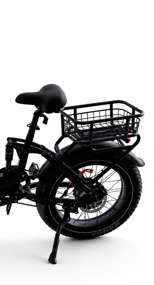 The rear cargo rack and wire mesh basket fitted to the back of the Blackrock X1 electric bike, above the rear fender and fat tire