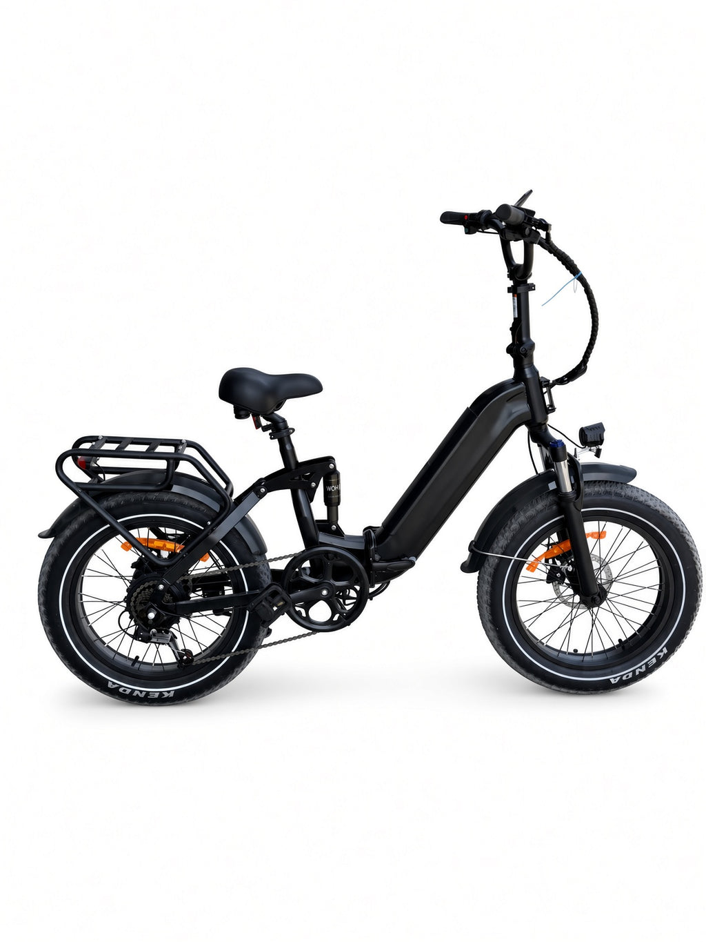 Folding fat tire electric bike, rear three-quarter angle
